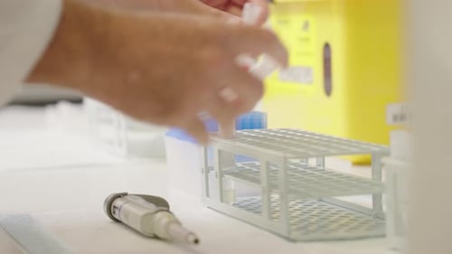 Close Up Of Medical Research Scientist Placing Blood Tubes Into Test Tube Rack On Laboratory Bench,