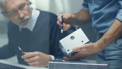 Two Senior Engineers Discuss Important Technical Components, Joining Them Together. Both are Experi