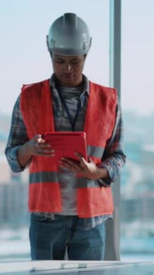 African American Young Engineer Architect Working on Construction Blueprints Paperplan Using Tablet