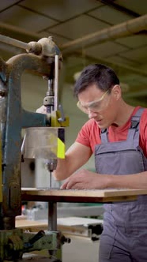 Man Using Drill Press in Workshop