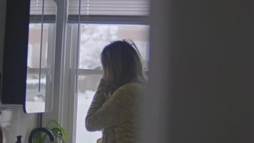 Woman Stands by Window Looking at Snowy Scene