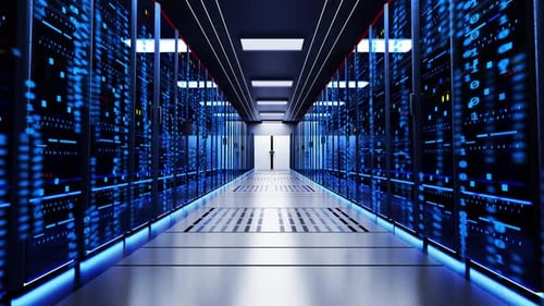 Futuristic Server Room with Digital Data Flow