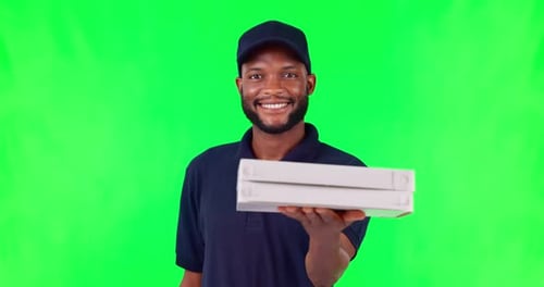 Green screen, courier and black man with delivery, box and package for shipping, order or pizza