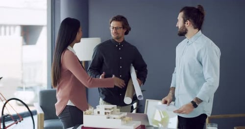 Business people, architecture handshake and office meeting for blueprint planning