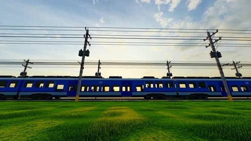 Animated Passenger Train Traveling Through a Grassy Field at Sunset
