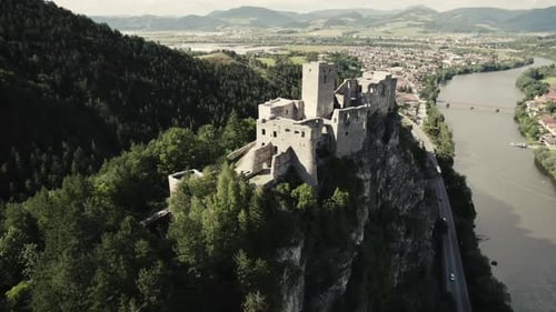 The ancient Strecno castle on the rock in autumn. Location, Slovakia