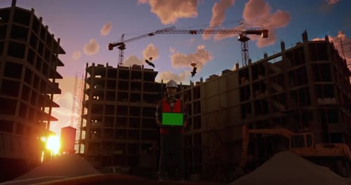 Full Body Of Asian Male Engineer Smiling And Showing Green Screen Laptop At Construction Site
