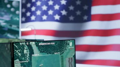 Empty American Military Control Center with High Tech Gear and Big Screen