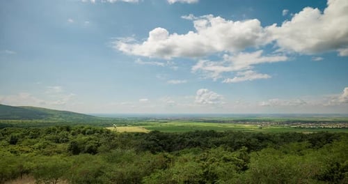 Expansive Landscape of Mountains, Trees, and Farmland