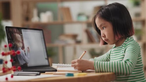 Girl Learning Online with Teacher on Laptop