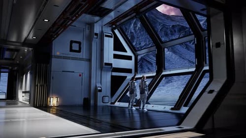 Astronauts Inside Sci Fi Base Observing Icy Planet 6