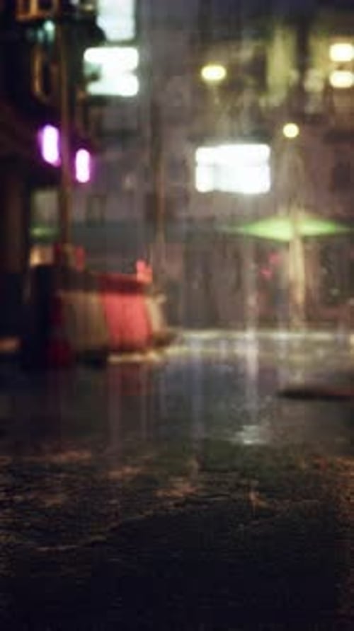Blurry City Street in Asian Town Night Rain
