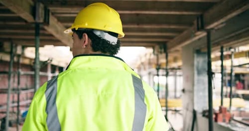 Construction, walk or man on site with inspection, safety check or quality control in building