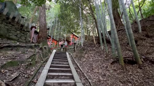 Slow motion walking up stairs at the temple in Fushimi Inari Taisha in Japan.