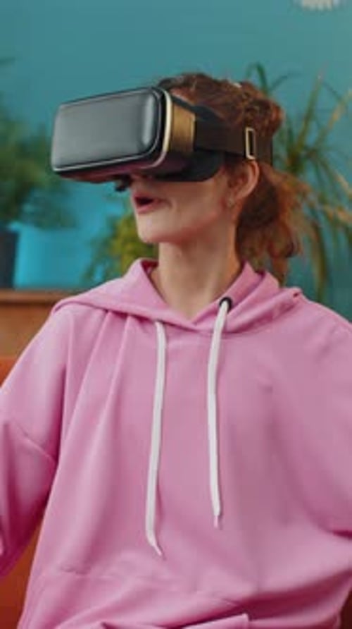 Woman Immersed in Virtual Reality with VR Headset