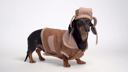 Dachshund Wearing a Jacket and Hat