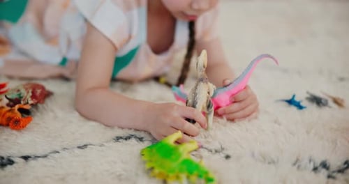 Child Plays With Toy Dinosaurs On Rug