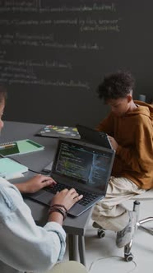 Jovem menino e menina negros trabalhando em scripts de computador na aula na escola