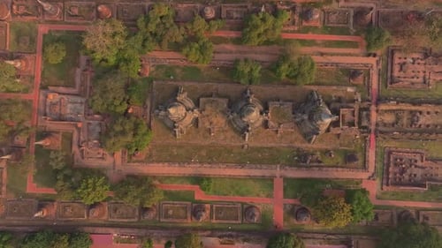 Drone view of sacred stupas standing tall at Wat Phra Si Sanphet, Ayutthaya