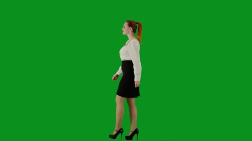 Portrait of Attractive Office Girl on Chroma Key Green Screen Woman in Skirt and Blouse Walking
