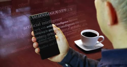 Títulos de noticias de inteligencia artificial en la pantalla del smartphone en la mano