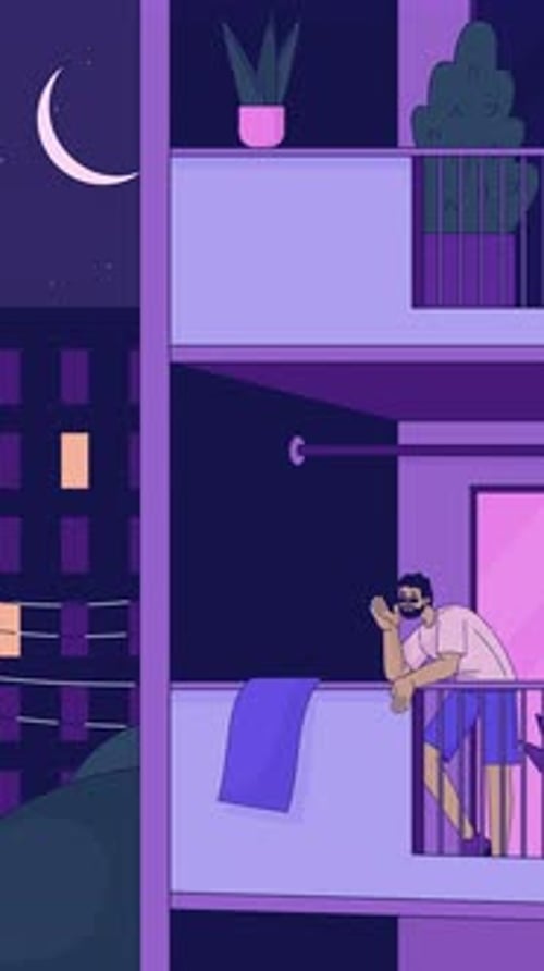 Lofi balcony thoughts in quiet night under crescent moon vertical animation