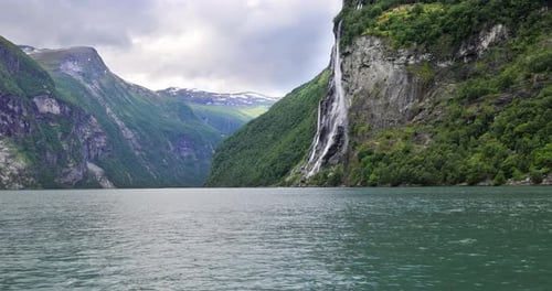Geiranger fjord, waterfall Seven Sisters. Beautiful Nature Norway natural landscape.