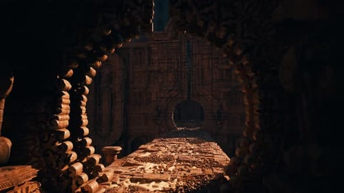Ancienne structure religieuse avec échafaudages et effets de lumière majestueux