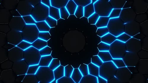 Dynamisches futuristisches Hexagonmuster mit pulsierendem blauem Neonlicht