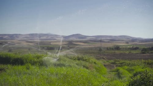 Sprinkler irrigation system in the field in slow motion.