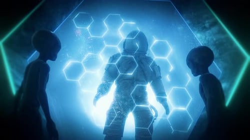 Astronaut Hologram Appearing Between Observing Aliens in Sci-Fi Scene