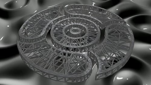 Abstract Geometric Structure Rotation on Reflective Fluid Background