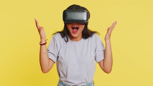 Woman Experiencing Virtual Reality with Headset
