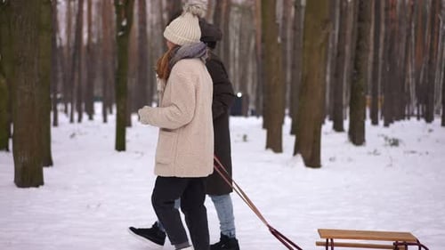 Side View Tracking Shot of Positive Girl and Boy Walking Pulling Sledge in Winter Forest Talking