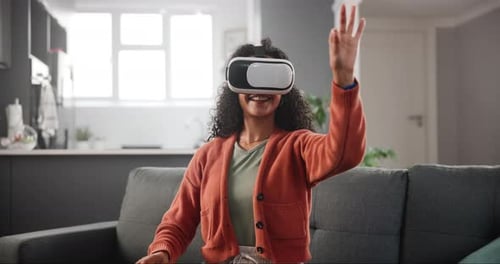 Woman Wearing VR Headset at Home