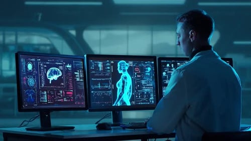 Doctor Working at Futuristic Office Multiple Monitors Displaying Medical Images Data and Body Scans