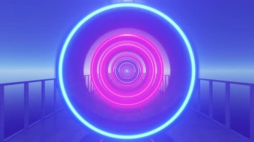 Camera movement through luminous concrete rings moving to the beat of the music. Animation for prese