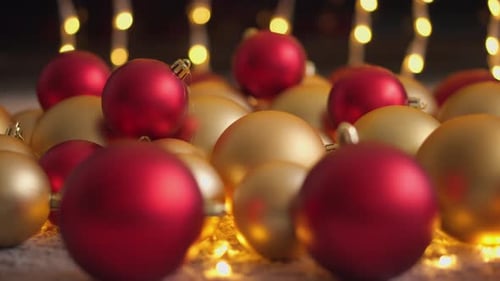 Red and Gold Ornaments with Glowing Lights