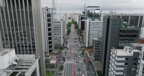 Vista aérea da Avenida Paulista e dos arranha-céus, Brasil.