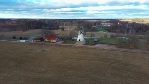 Old Araisi Windmill in Latvia Aerial Shot From Above. Winter Day at Sunrise. This Is the Only Windmi