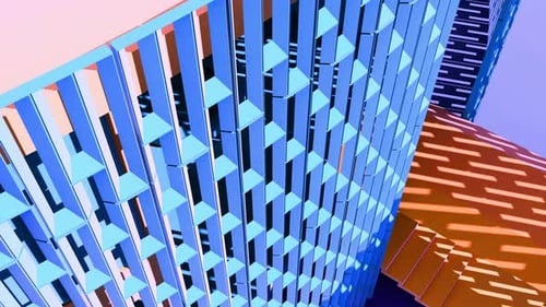 Patrón arquitectónico dinámico con formas geométricas azules vibrantes que crean una ciudad moderna y abstracta
