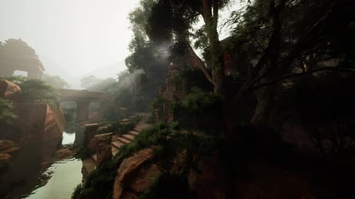 Représentation paisible d'un ancien temple caché dans un environnement de jungle dynamique