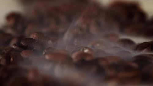 Steaming Roasted Coffee Beans on Textured Surface