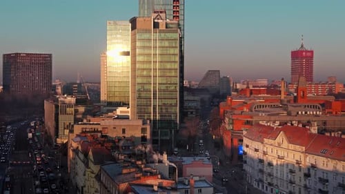 Aerial view of Warsaw cityscape during sunset