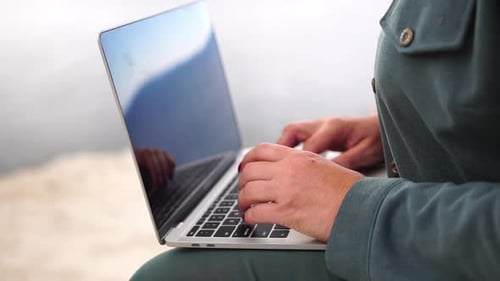 Digital Nomad Business Woman Working on Laptop By the Sea Pretty Lady Typing on Computer By the Sea