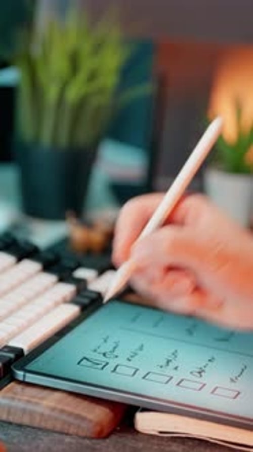 Hand Checks Off List on Tablet with Stylus