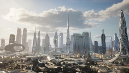 Futuristic Dubai Skyline Animation with Sci-Fi Architecture