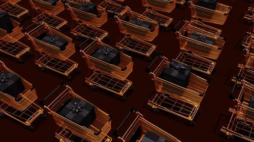 Golden Wireframe Shopping Carts with Black Gift Boxes Animation