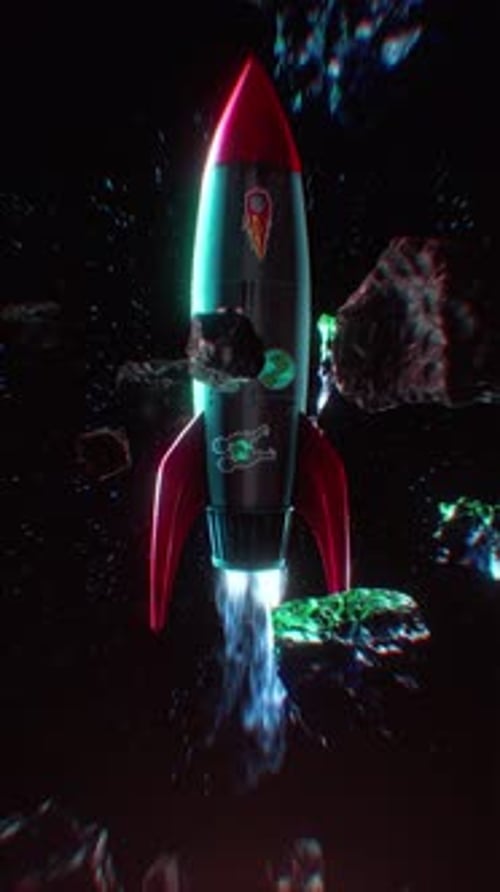 Hintergrundschleife mit Retro-Rakete, die über den Weltraum fliegt