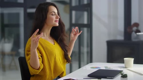 Happy Business Woman Finishing Work on Laptop Indoor. Close Up Pretty Girl